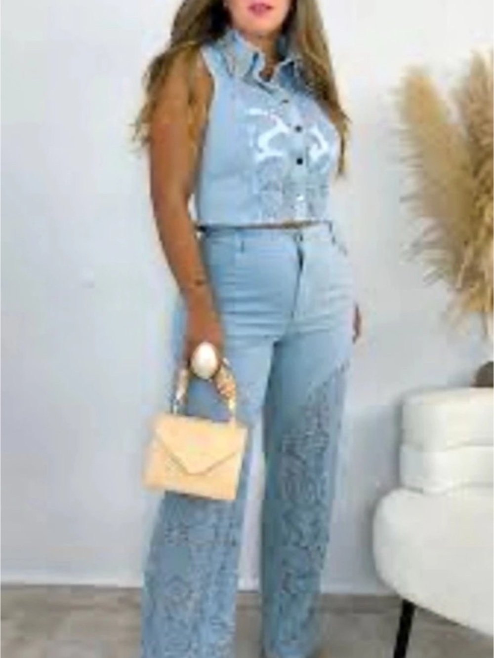Floral Wide-Leg Jumpsuit in Blue Like New